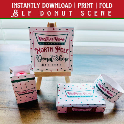  Printable elf donut scene props including mini donut box, bag, sign, and hat templates. Fun Christmas elf-sized PDF for holiday setups.
