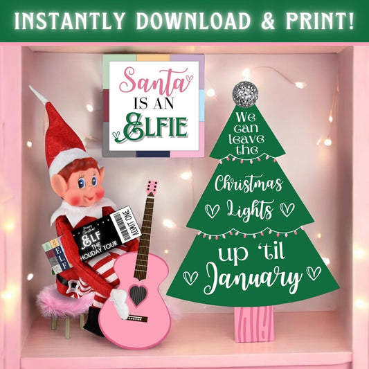 Printable elf eras concert scene props including mini guitar, disco ball, microphone, and holiday accessories