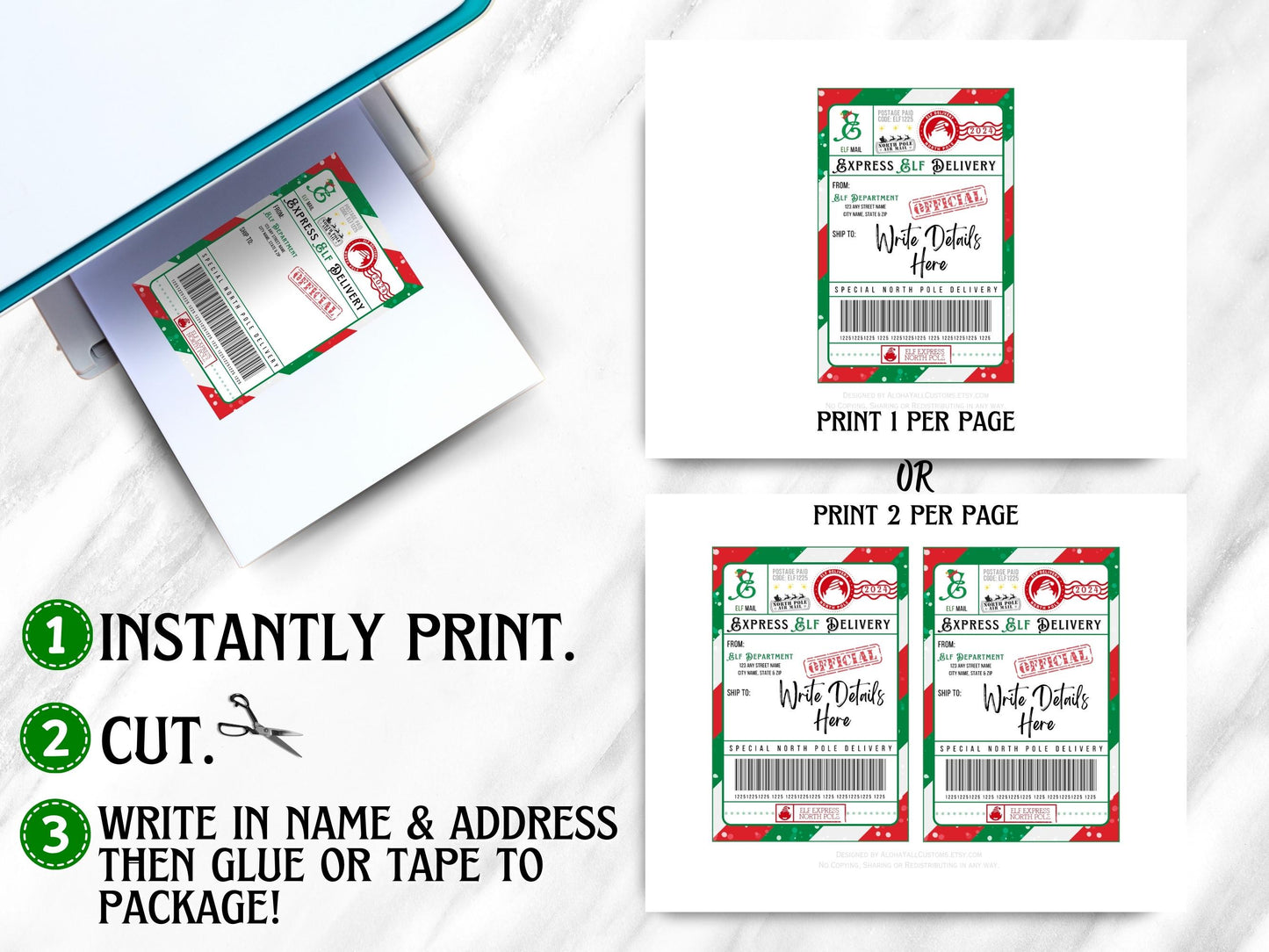 Editable style elf postage label, printable PDF for Christmas holiday setups, North Pole express delivery prop for kids and family fun