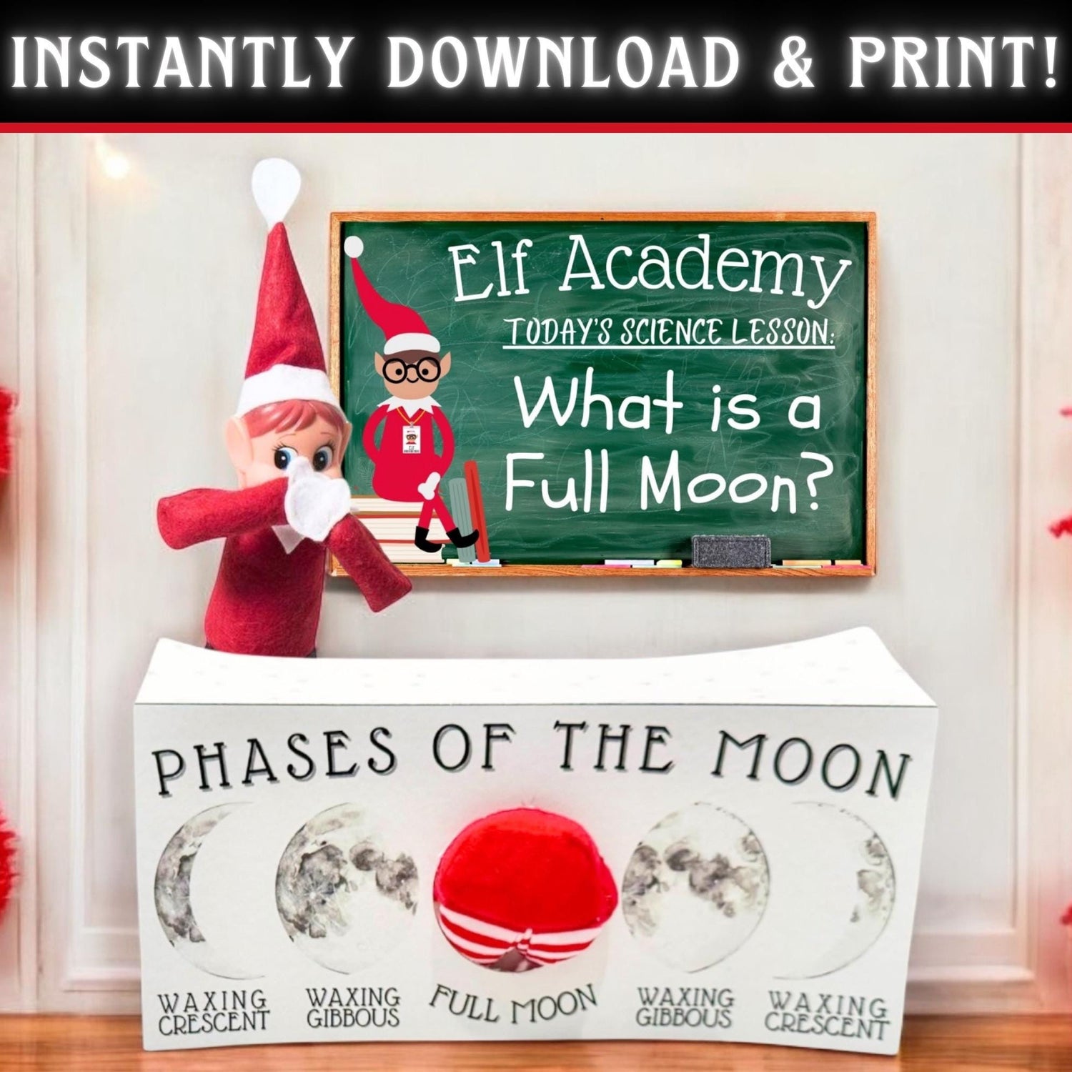 Printable elf full moon scene props for funny Christmas elf setups and holiday mischief ideas