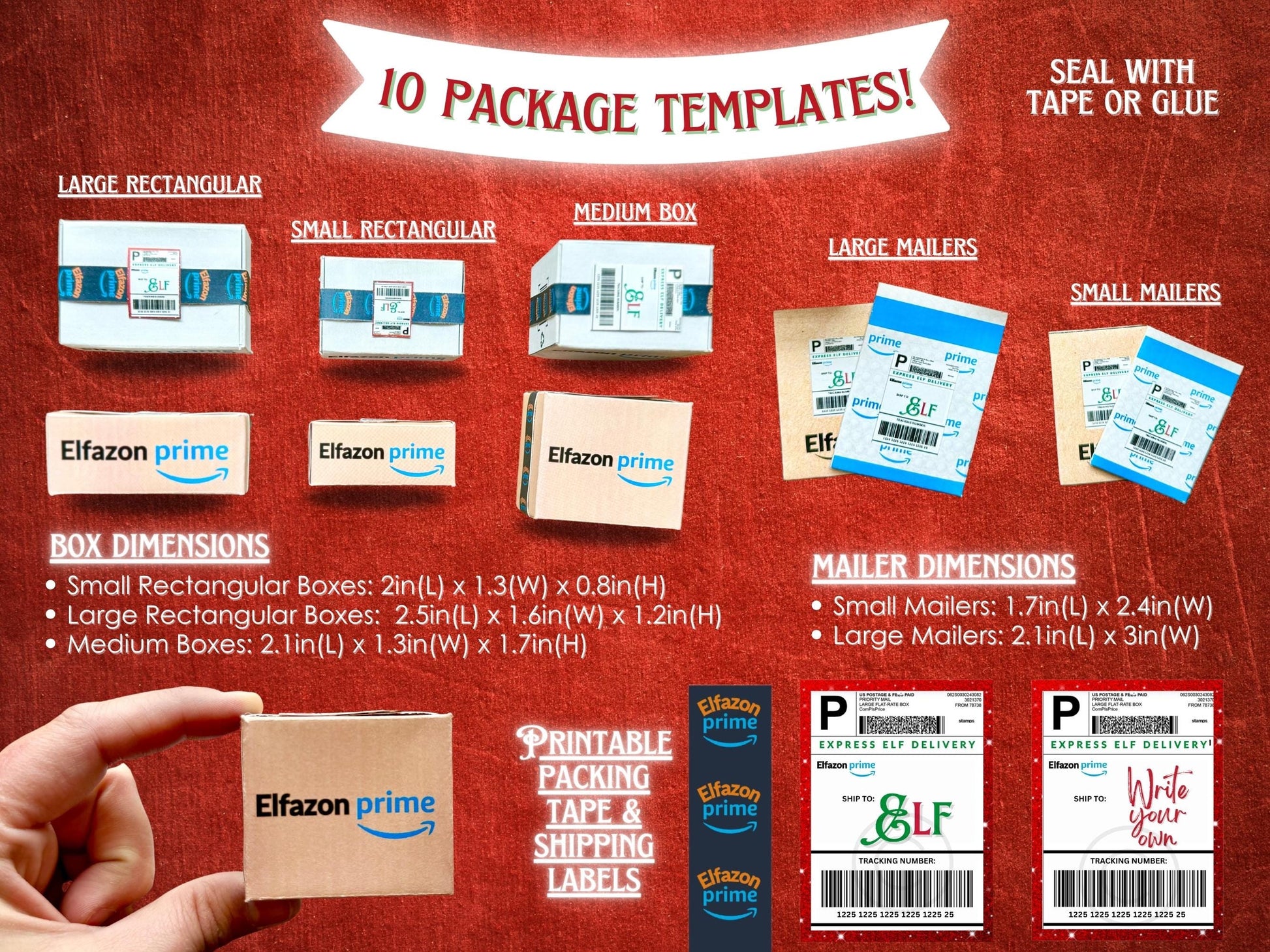 Bundle of printable Elfazon Prime delivery boxes for elf scenes, Christmas props, and holiday play