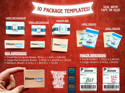 Bundle of printable Elfazon Prime delivery boxes for elf scenes, Christmas props, and holiday play