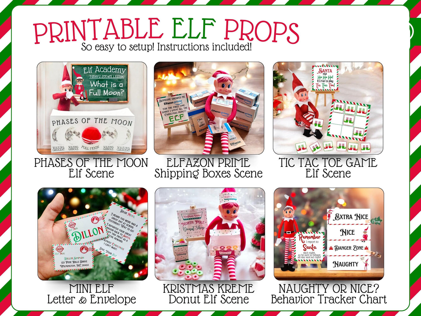 Printable elf props and mini scene templates, editable Christmas PDF pack with letters and certificates for family holiday fun