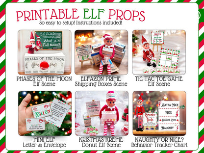 Printable elf props and mini scene templates, editable Christmas PDF pack with letters and certificates for family holiday fun