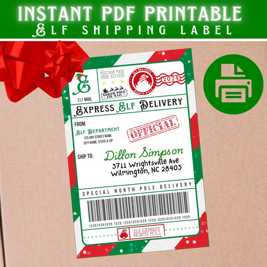 Printable elf postage label template for North Pole express delivery, fun Christmas prop for kids’ holiday elf scenes and DIY setups