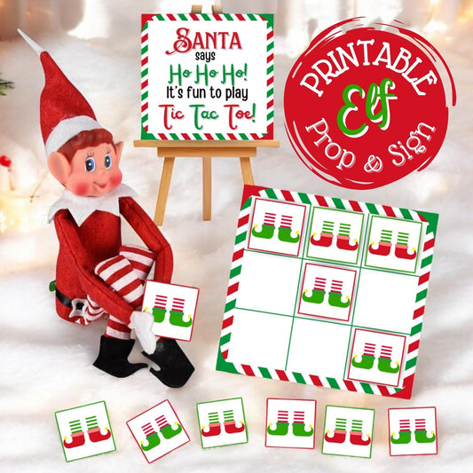 Printable elf tic tac toe game board mini scene prop for Christmas elf setups and holiday activities