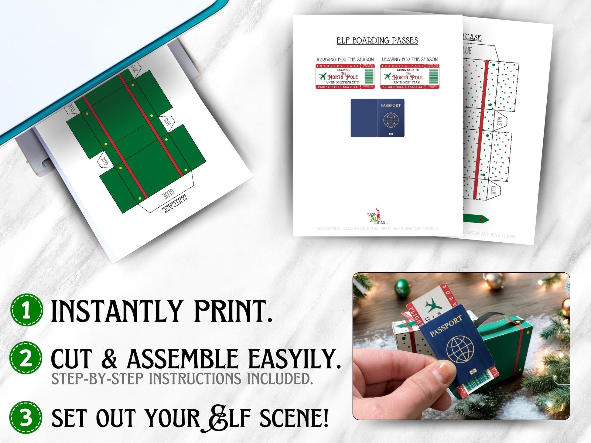 DIY printable elf travel accessories pack with mini suitcase, passport, and boarding pass tickets PDF