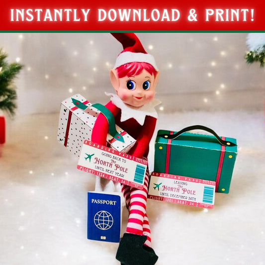  Printable elf travel scene props including suitcase, passport, and boarding pass tickets for Christmas elf ideas