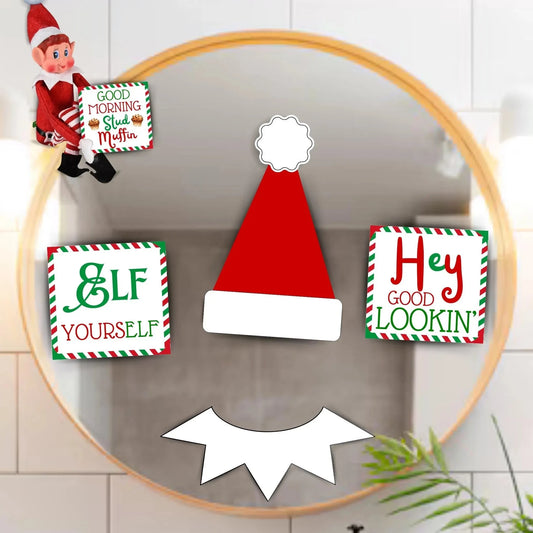 Printable Elf Yourself mirror activity with kids’ hat, collar, and Christmas signs for funny holiday dress-up.