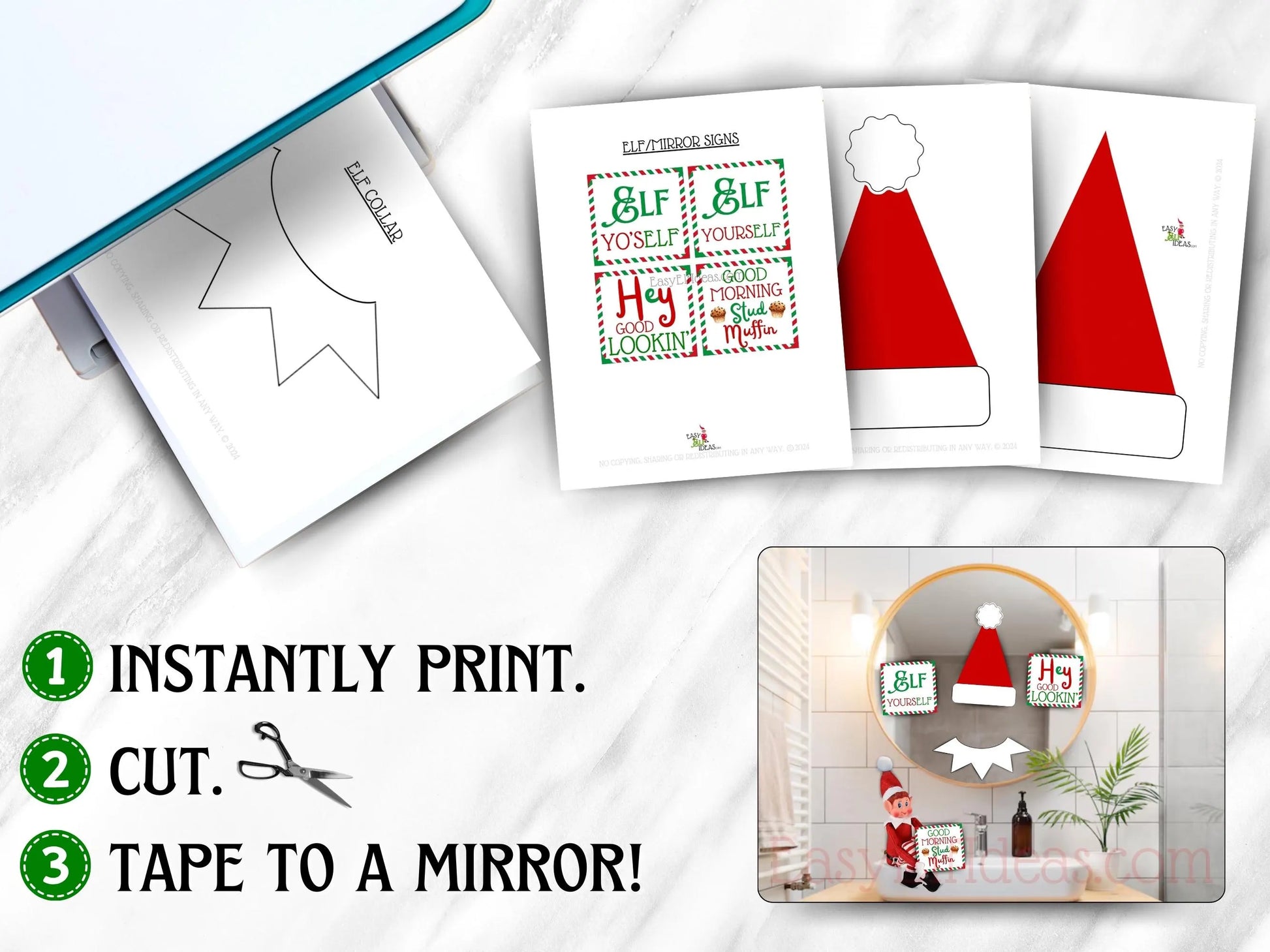 Printable PDF elf dress-up activity with hat, collar, and holiday signs for kids to use in the mirror.