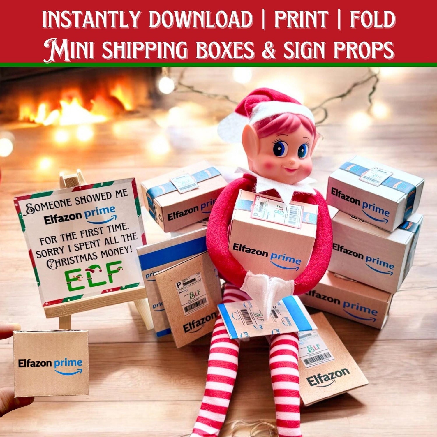 Printable Elfazon Prime mini shipping boxes for Christmas elf props and holiday elf activities