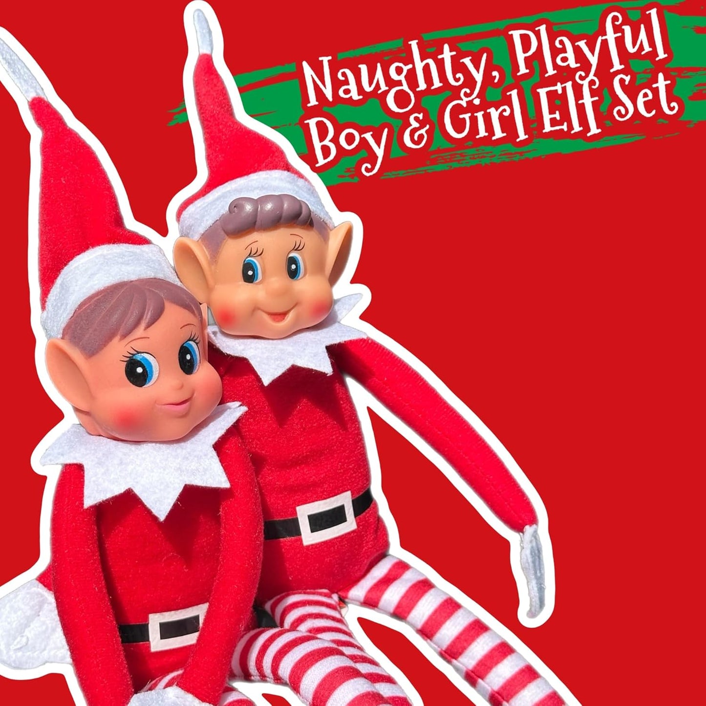  Holiday Elfette and Elf Boy plush toys posed together, 12 inches each, red outfits