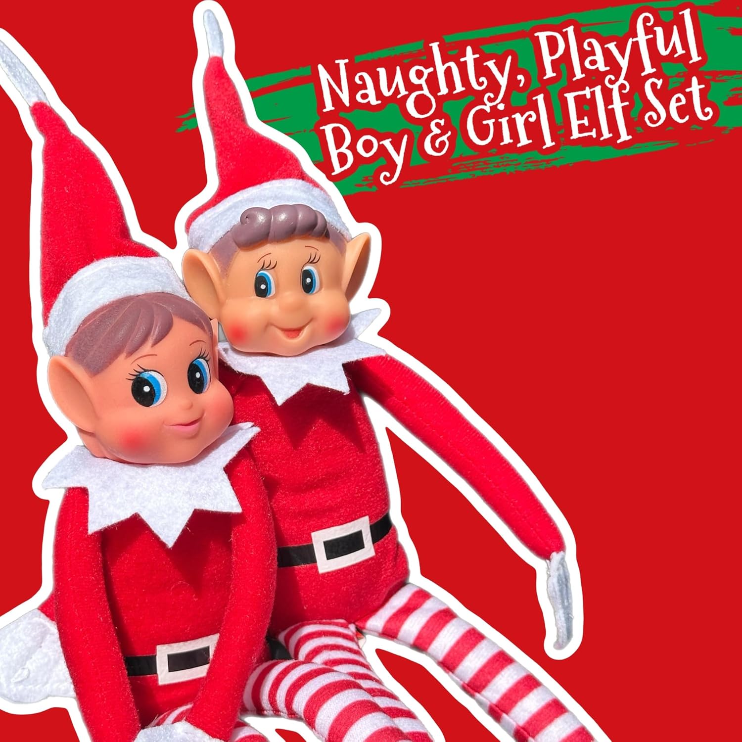  Holiday Elfette and Elf Boy plush toys posed together, 12 inches each, red outfits
