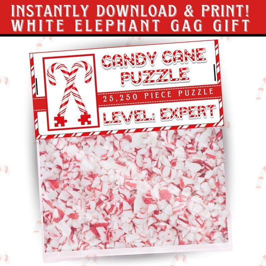 Expert level Candy Cane Puzzle bag topper on cello bag, funny printable gag gift for white elephant party favor, instant PDF holiday download.