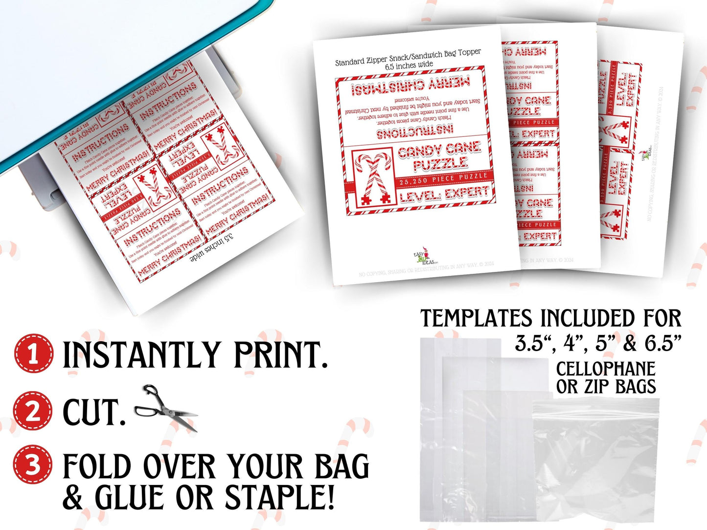 Expert level Candy Cane Puzzle bag topper template, easy to print and cut for stocking stuffers, Christmas gag gifts, and holiday party favors.