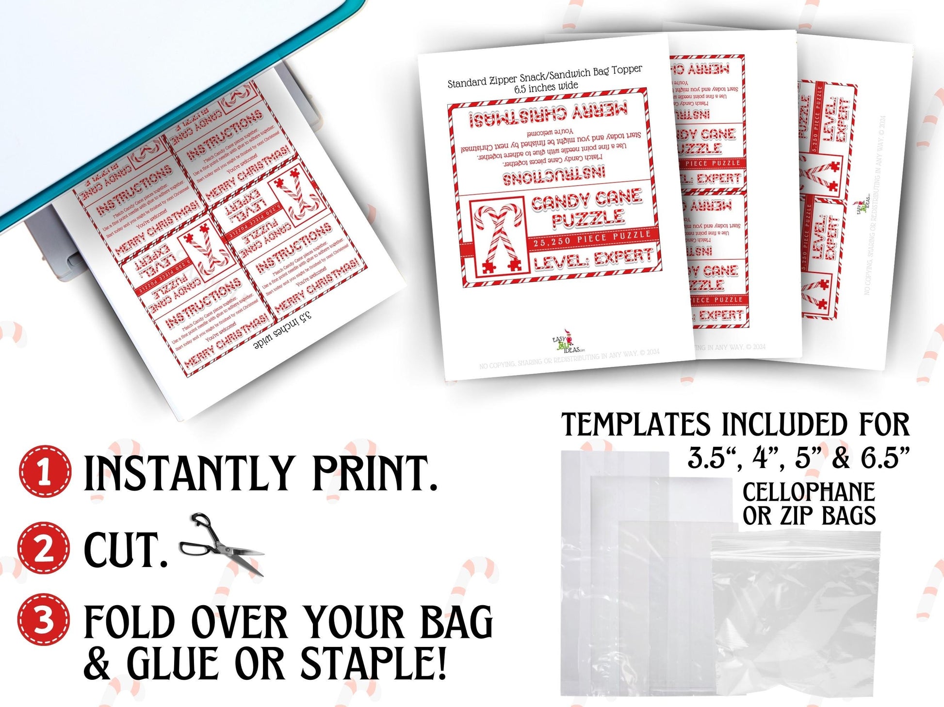 Expert level Candy Cane Puzzle bag topper template, easy to print and cut for stocking stuffers, Christmas gag gifts, and holiday party favors.