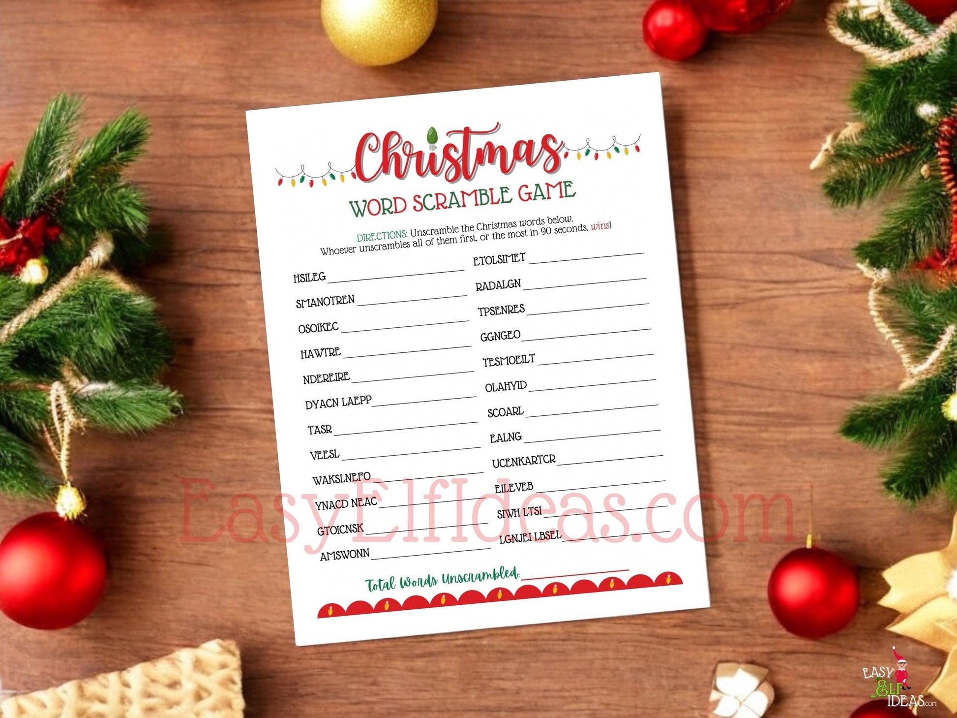  Holiday party printable bundle with Christmas Lights design, includes word scramble and gift exchange game for small or large groups