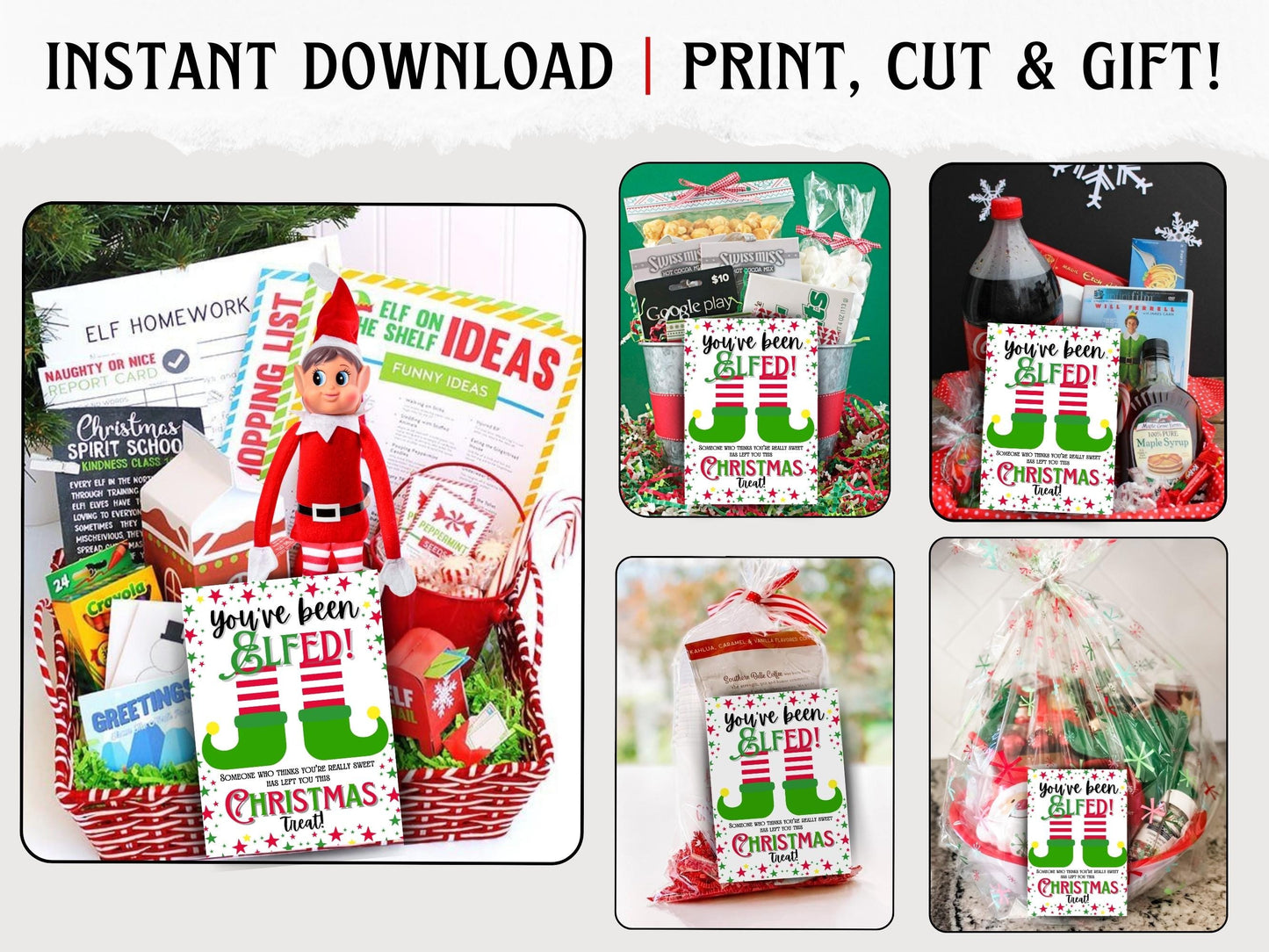 DIY printable You’ve Been Elfed card template for Santa’s elf Christmas gift basket surprises