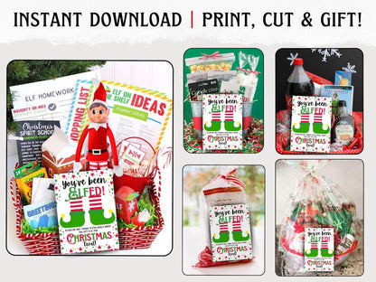 DIY printable You’ve Been Elfed card template for Santa’s elf Christmas gift basket surprises