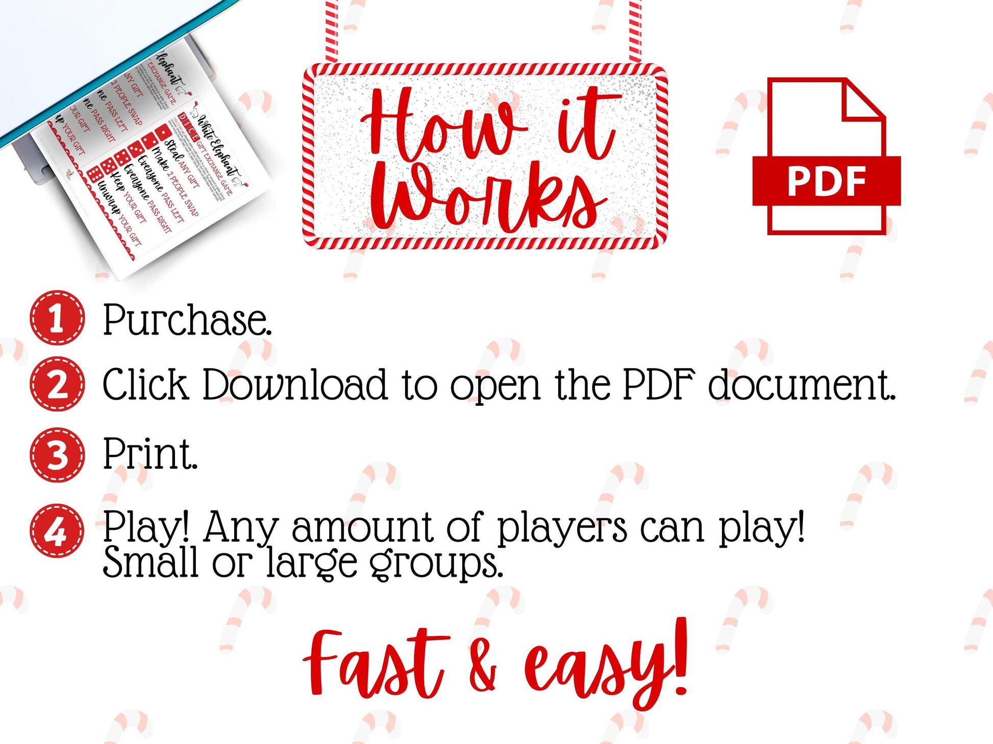 Printable White Elephant dice gift swap game, perfect for family, work, or school Christmas parties and festive holiday fun