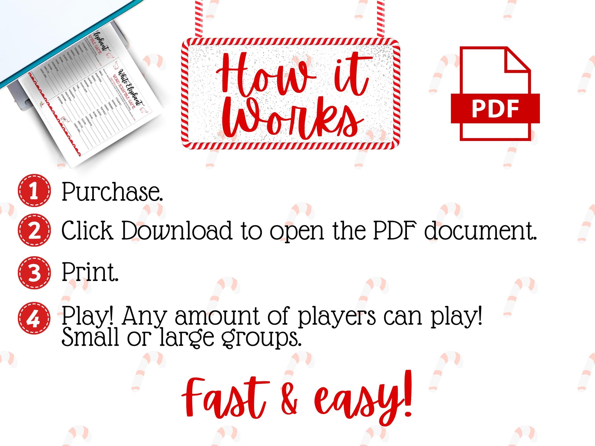 Printable White Elephant word scramble game for kids, adults, coworkers, and classroom holiday party fun