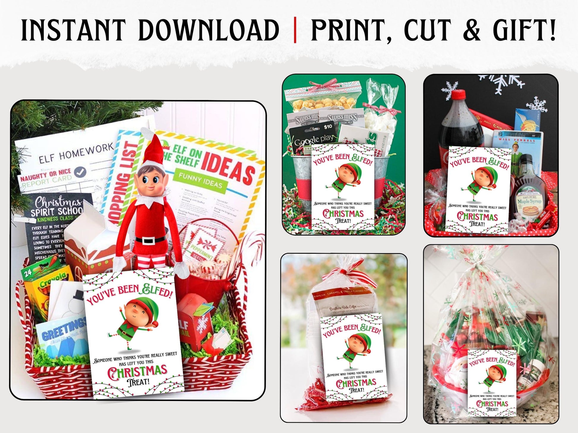 DIY printable You’ve Been Elfed 5x7 card for kids, teens, or adults to use with Christmas elf gift bags