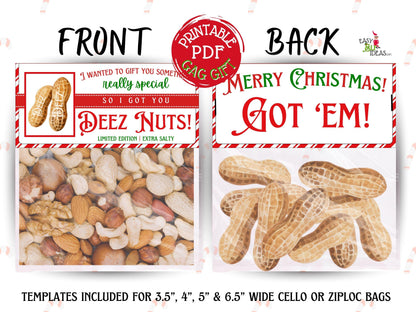 Deez Nuts bag toppers printed and cut on cardstock, perfect white elephant gag gift idea for Christmas work party or stocking stuffer.