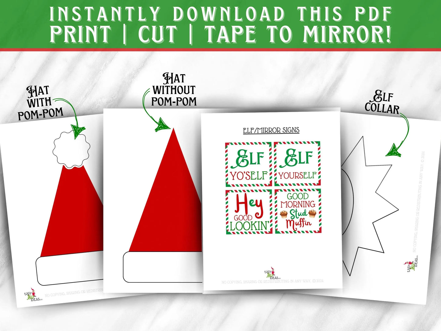 Instant download printable elf hat, collar, and signs for kids’ Christmas party or classroom mirror activity.