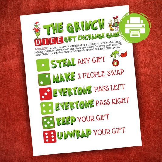 Printable Christmas dice gift exchange game with green character theme, fun holiday activity for family, work, or school parties