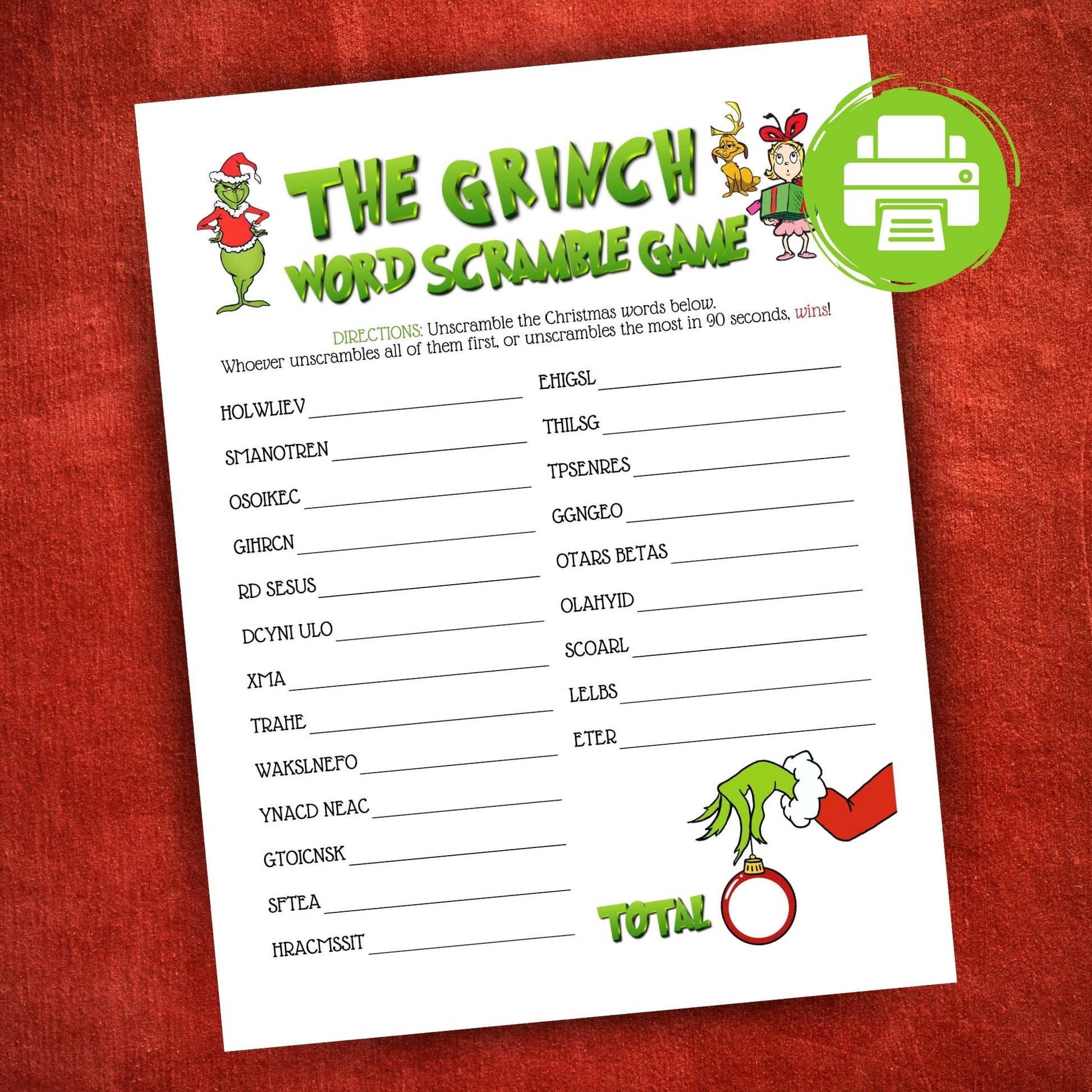 Printable Christmas word scramble game with green character theme, fun holiday activity for family, work, or school parties