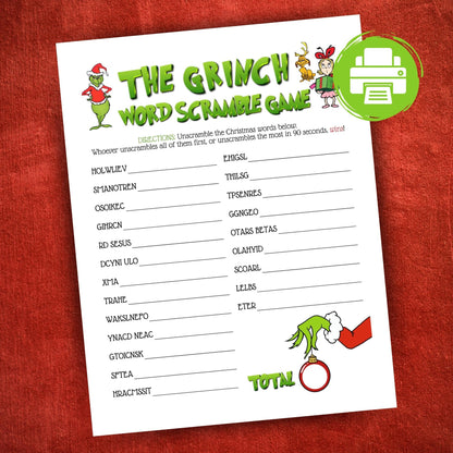 Printable Christmas word scramble game with green character theme, fun holiday activity for family, work, or school parties