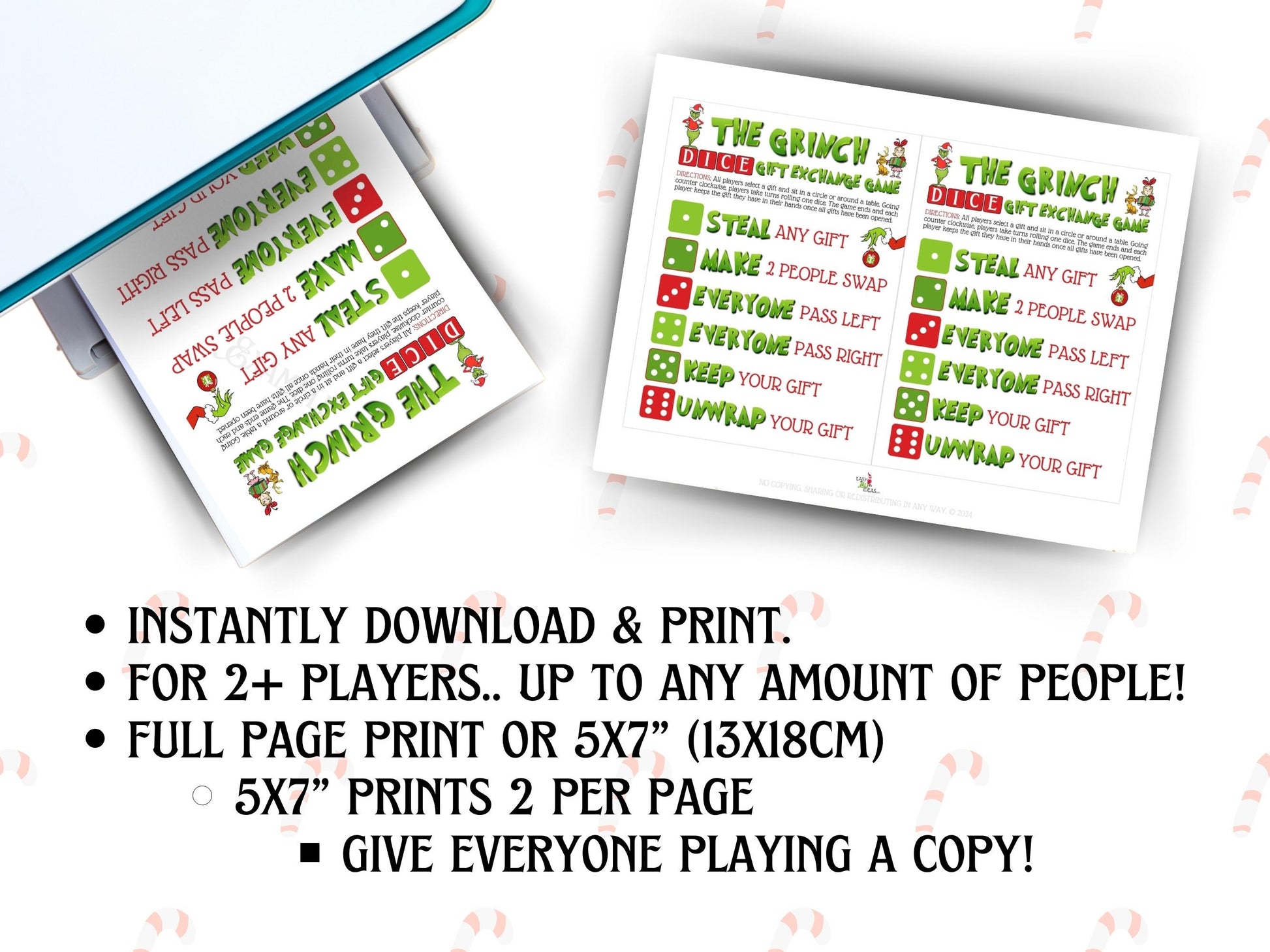 Festive Christmas dice pass and swap game, printable PDF for family gatherings, office events, and classroom holiday parties