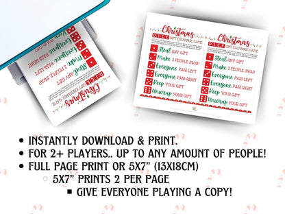 Christmas dice gift exchange game, printable PDF for family gatherings, work events, and classroom holiday parties