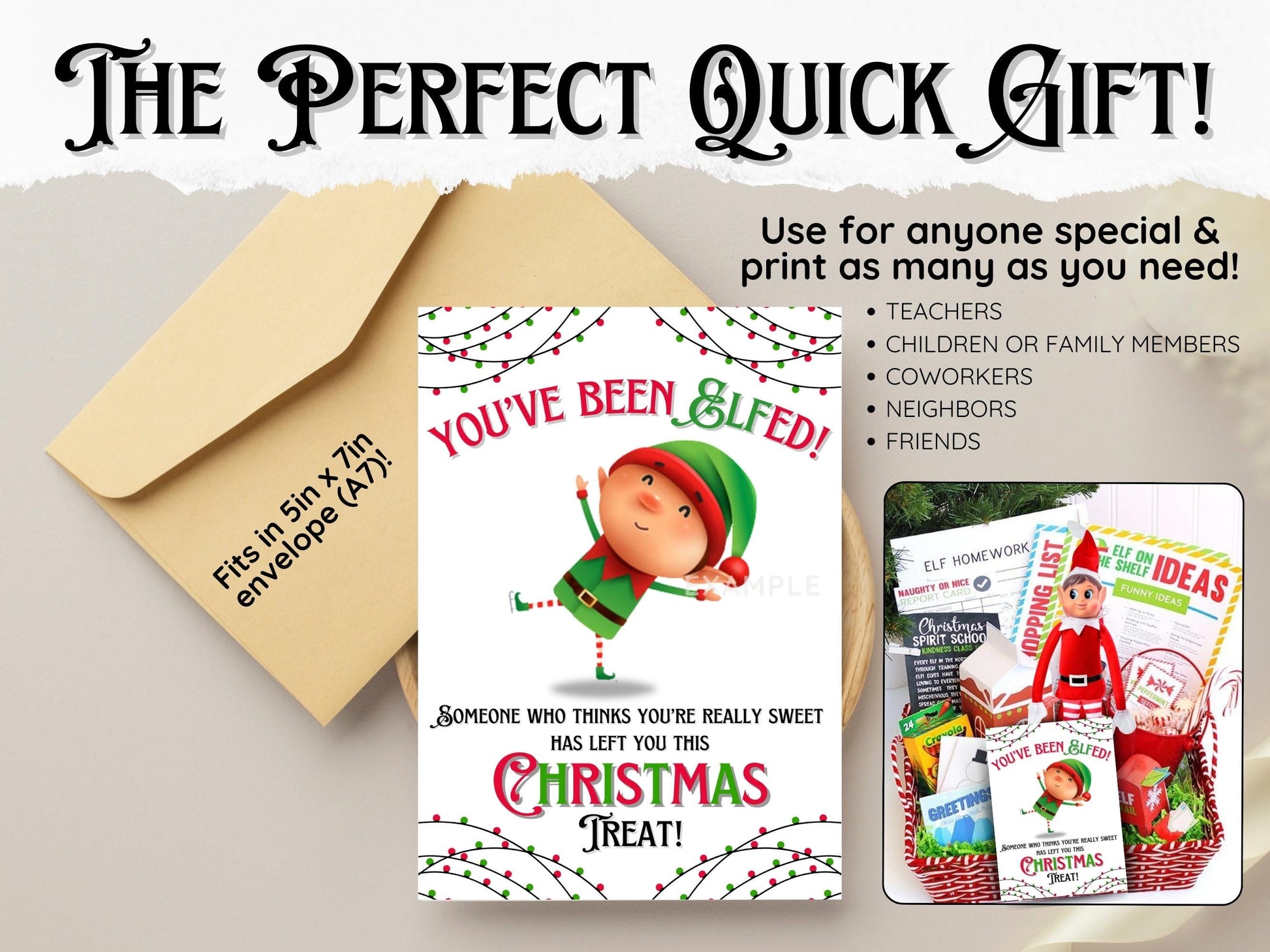 Instant download printable You’ve Been Elfed card for Christmas gift bag tags and funny elf ideas