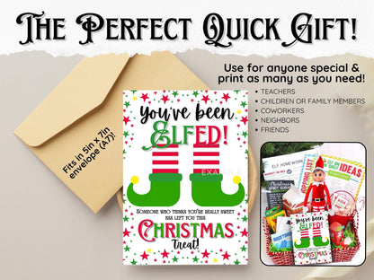 Instant download 5x7 You’ve Been Elfed card PDF for holiday gift baskets and Christmas elf activities