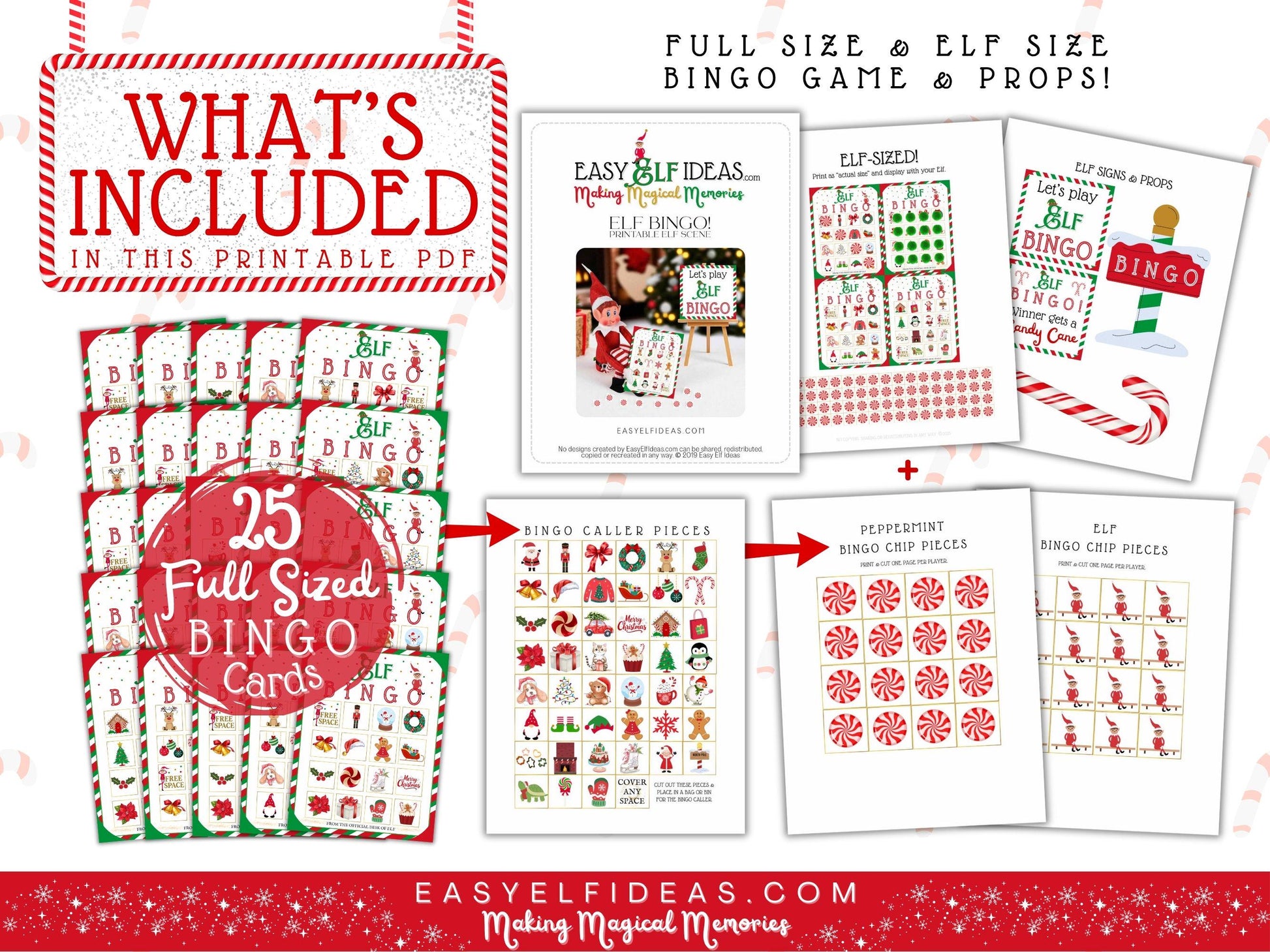 Digital PDF Elf Christmas Bingo set with festive holiday designs, 2–25 player family game, includes mini elf boards and full size cards