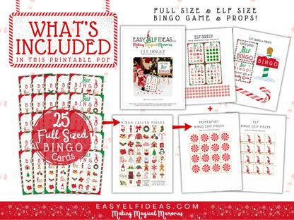 Digital PDF Elf Christmas Bingo set with festive holiday designs, 2–25 player family game, includes mini elf boards and full size cards