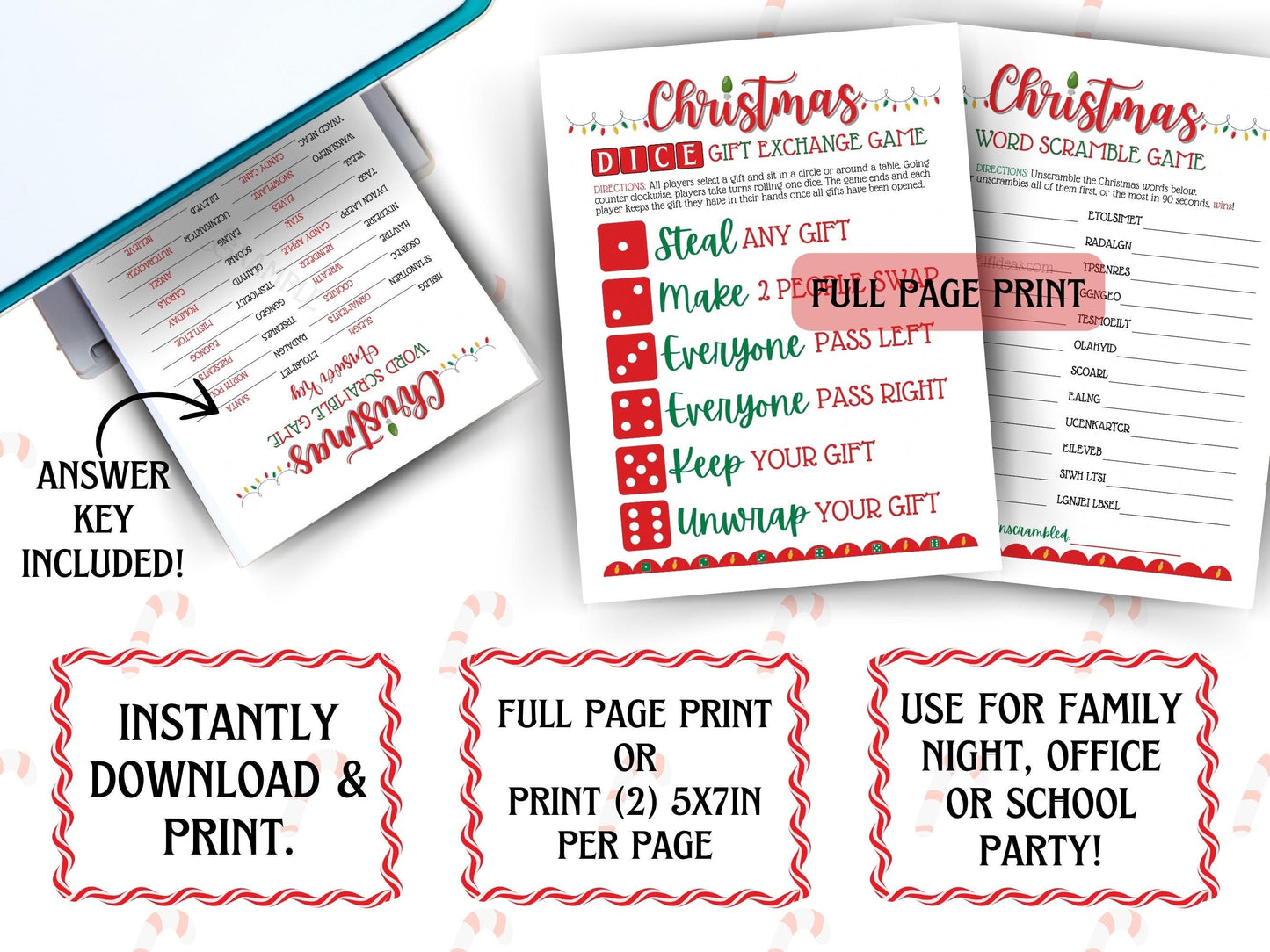 Festive Christmas Lights games set, printable PDF for family gatherings, classroom parties, and workplace holiday events