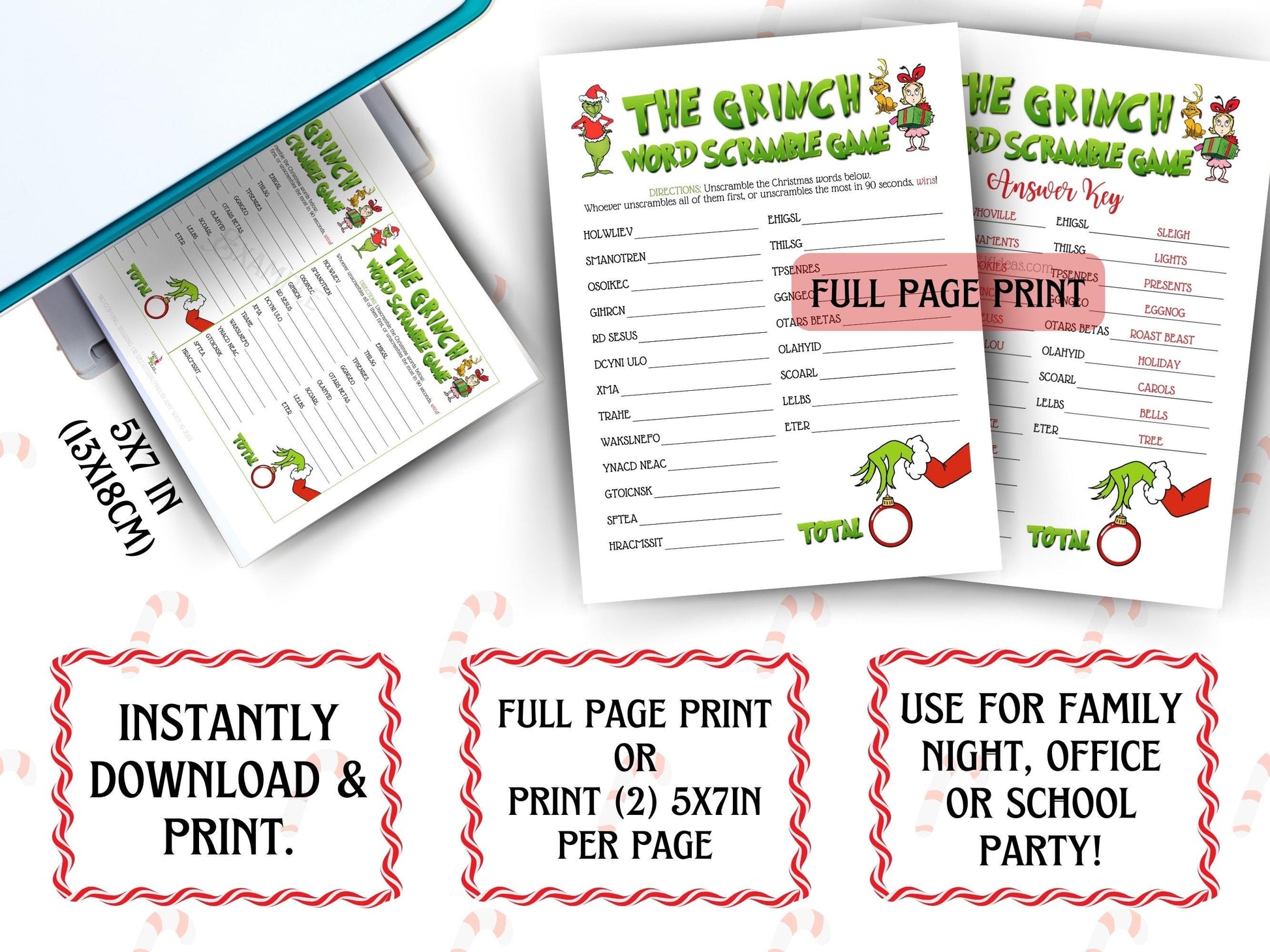Festive Christmas word scramble puzzle, printable PDF for small or large groups at family gatherings, classrooms, or office parties
