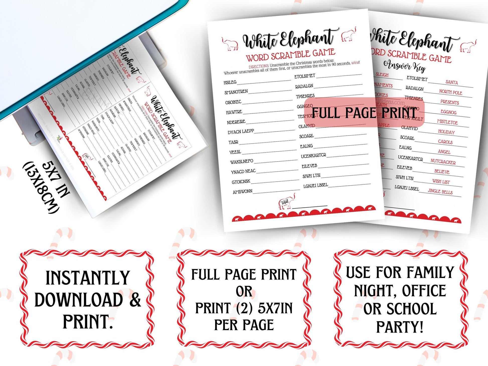 Festive Christmas word scramble puzzle with White Elephant theme, printable PDF for small or large groups at holiday celebrations