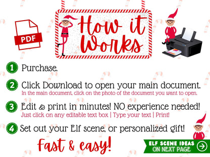 BUNDLE Ultimate Elf Letters & Props Kit | Editable Christmas Arrival & Goodbye Letters, Nice List Certificate & Mini Scene Printables (PDF Template)