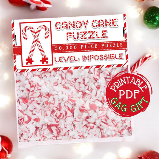 Printable Impossible Candy Cane Puzzle bag topper on cello bag, hilarious Christmas gag gift for white elephant party favor, instant download PDF.