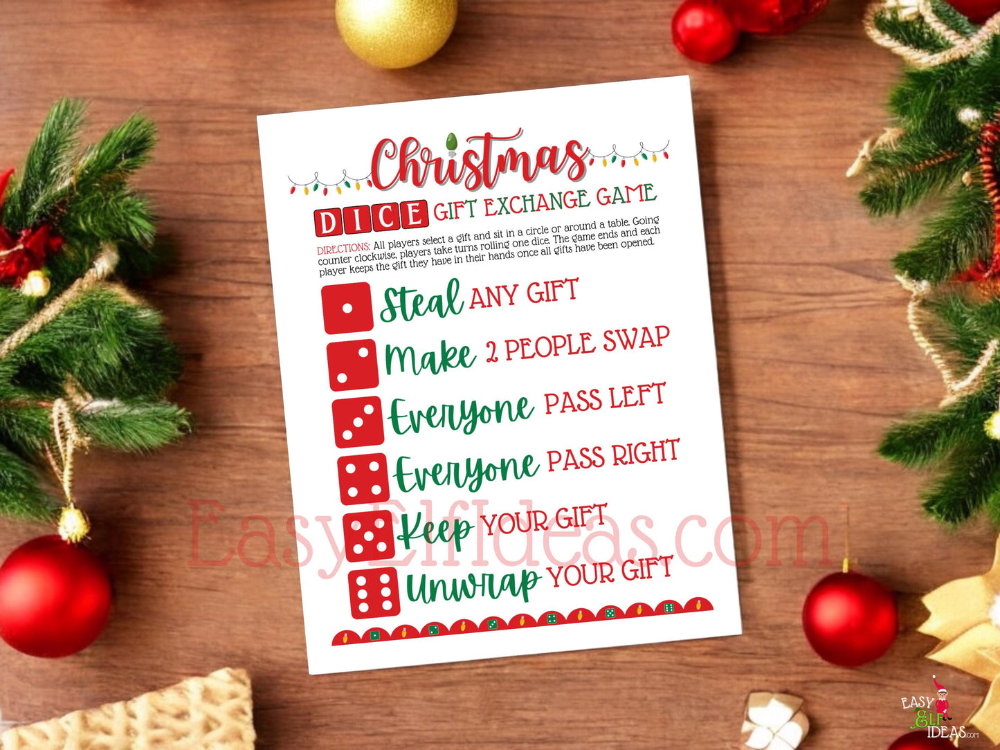 Easy printable Christmas lights dice gift swap game, digital download for small or large groups, office and family parties