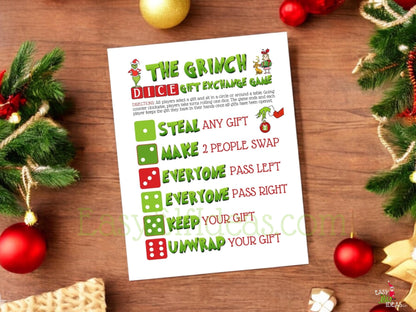 Easy printable Christmas dice gift exchange game, digital download for kids, adults, coworkers, and holiday celebrations