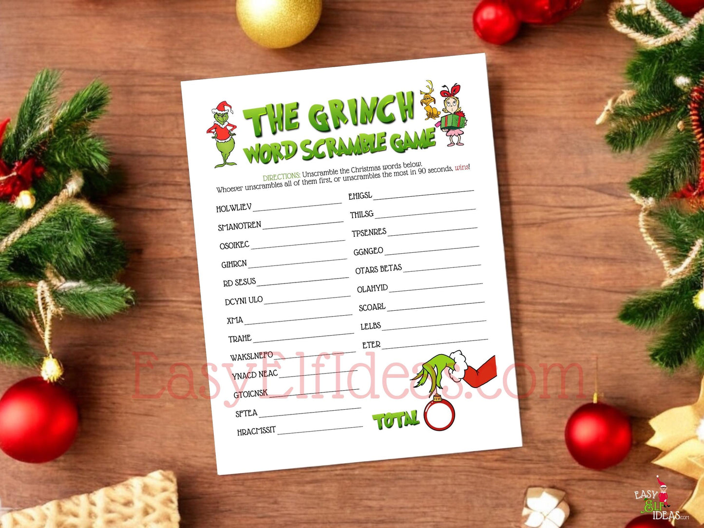 Easy printable Christmas word scramble game, digital download for kids, teens, adults, and coworkers at holiday events