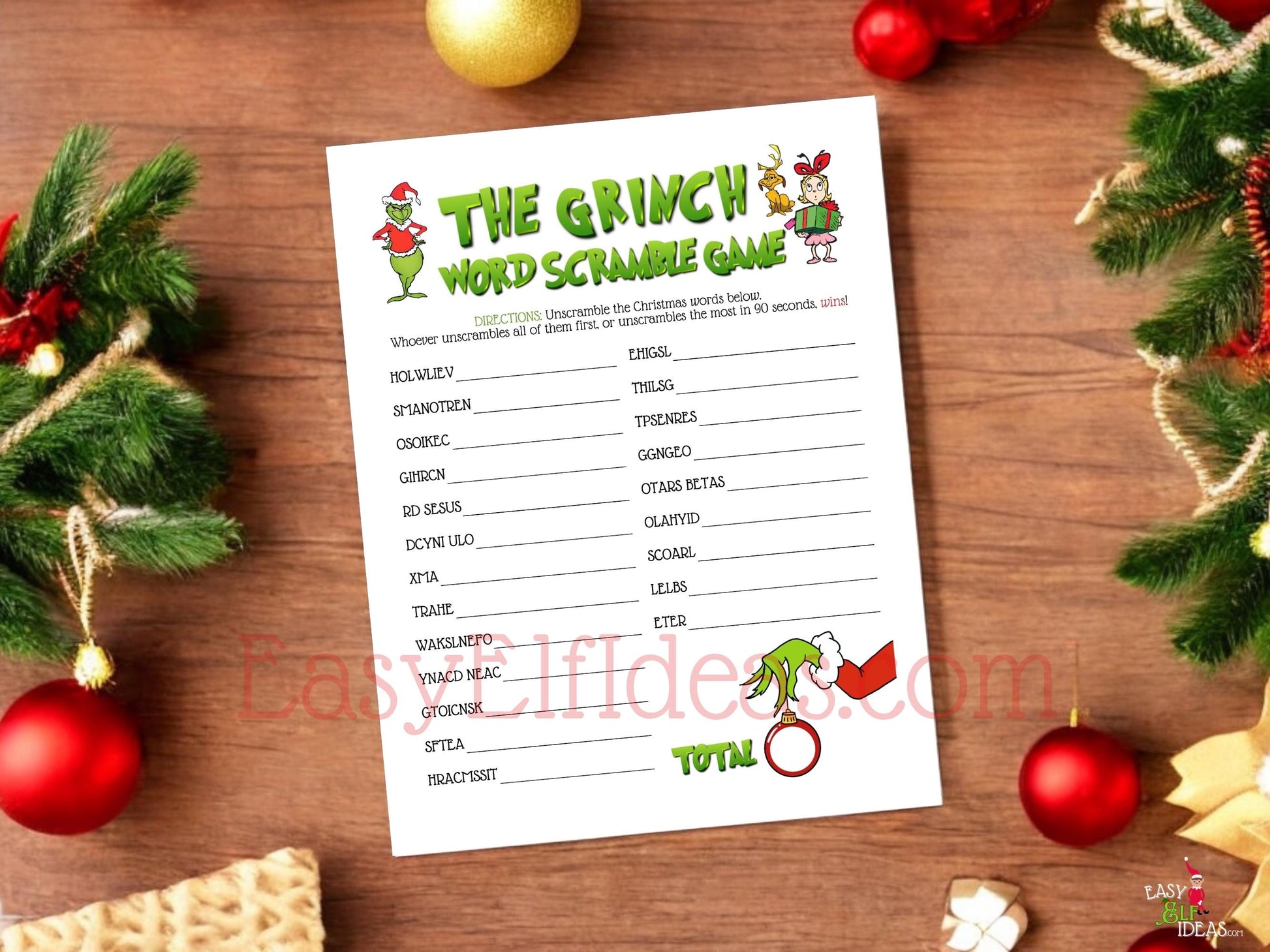 Easy printable Christmas word scramble game, digital download for kids, teens, adults, and coworkers at holiday events