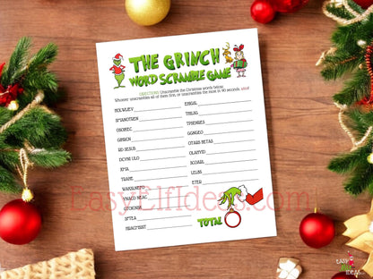 Easy printable Christmas word scramble game, digital download for kids, teens, adults, and coworkers at holiday events