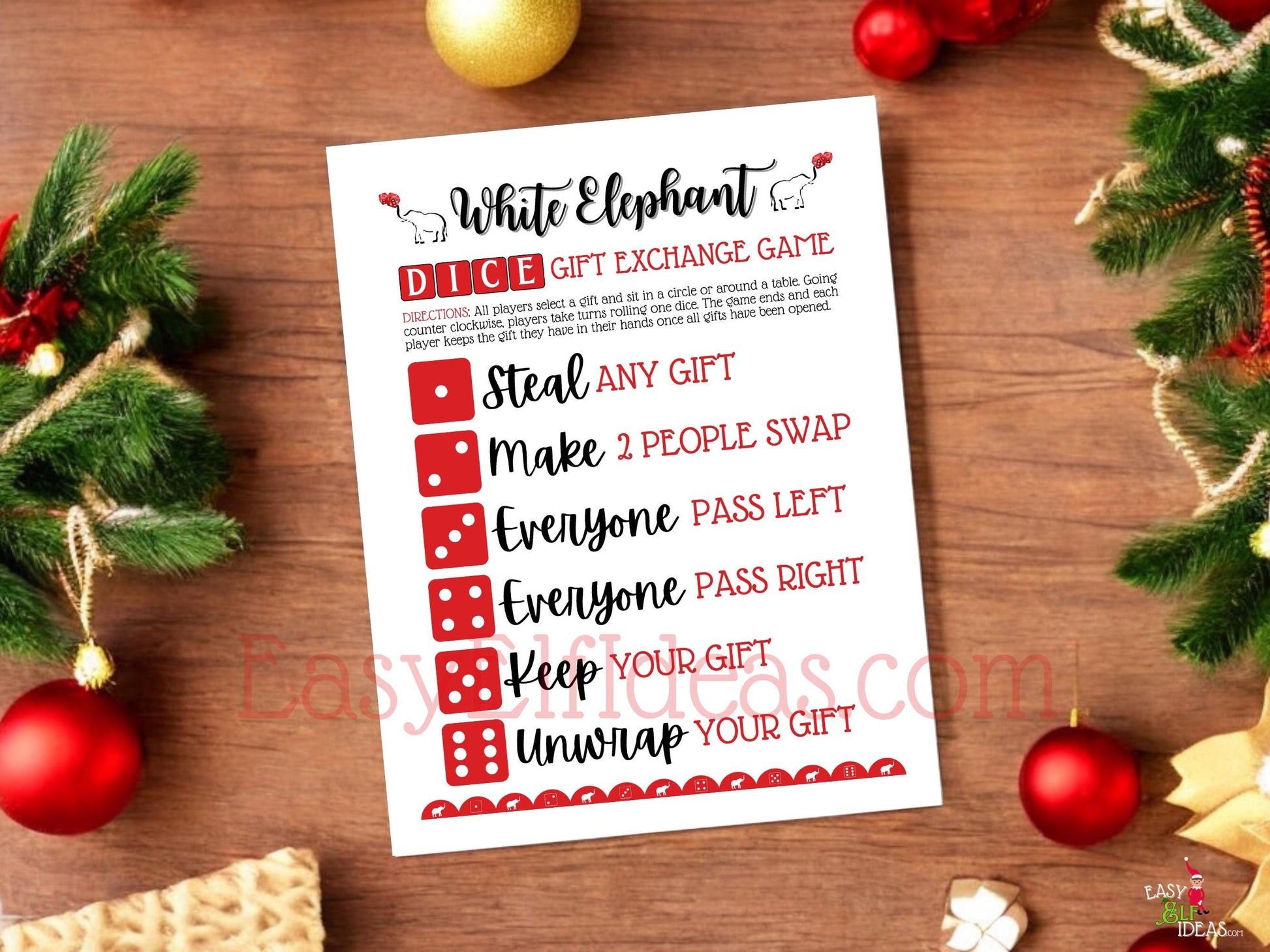 Easy printable White Elephant Christmas dice gift exchange game, digital download for kids, adults, coworkers, and group celebrations