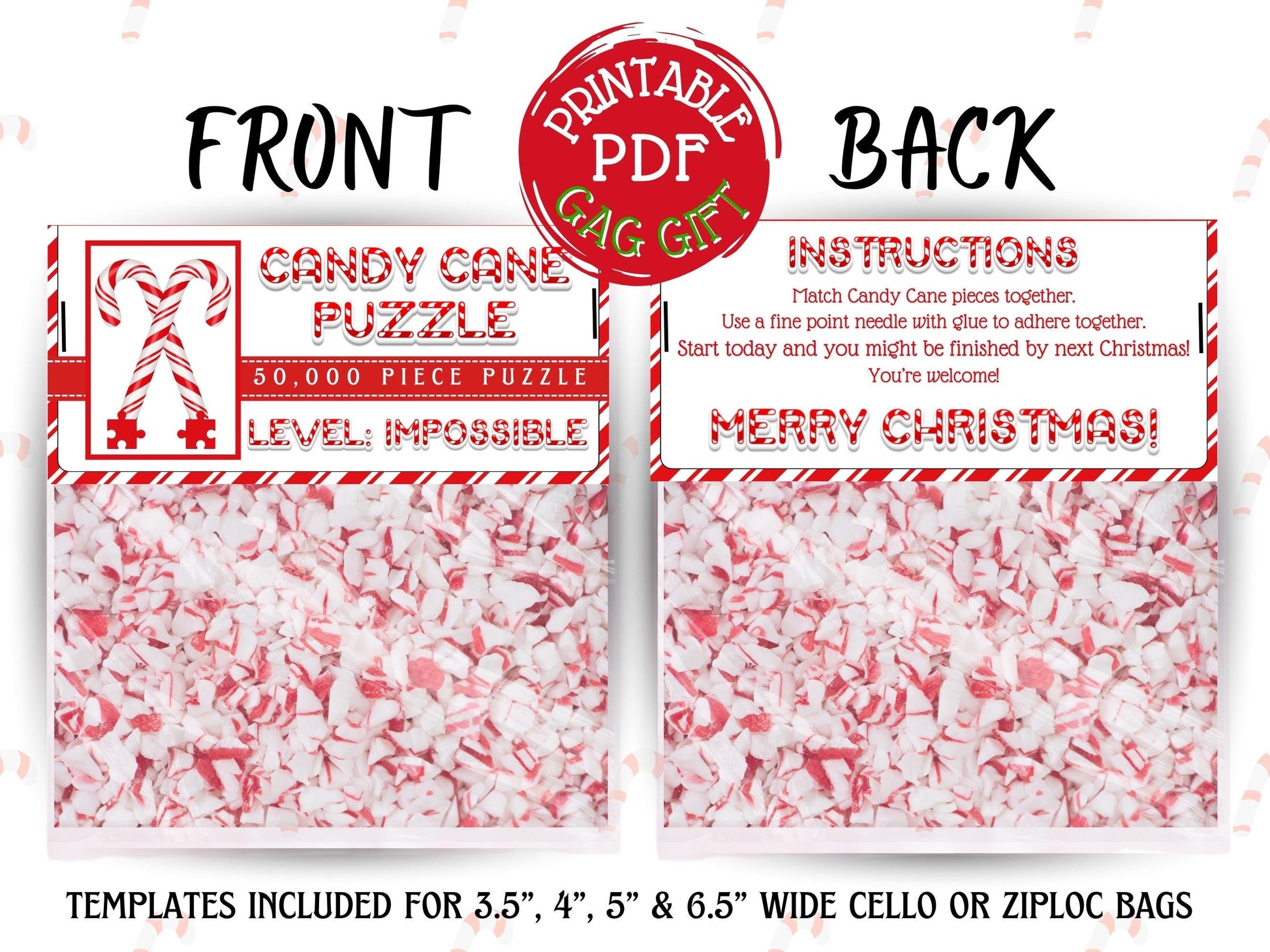 Funny Impossible Candy Cane Puzzle toppers printed on cardstock, perfect gag gift for coworkers, office Christmas party, or white elephant exchange.