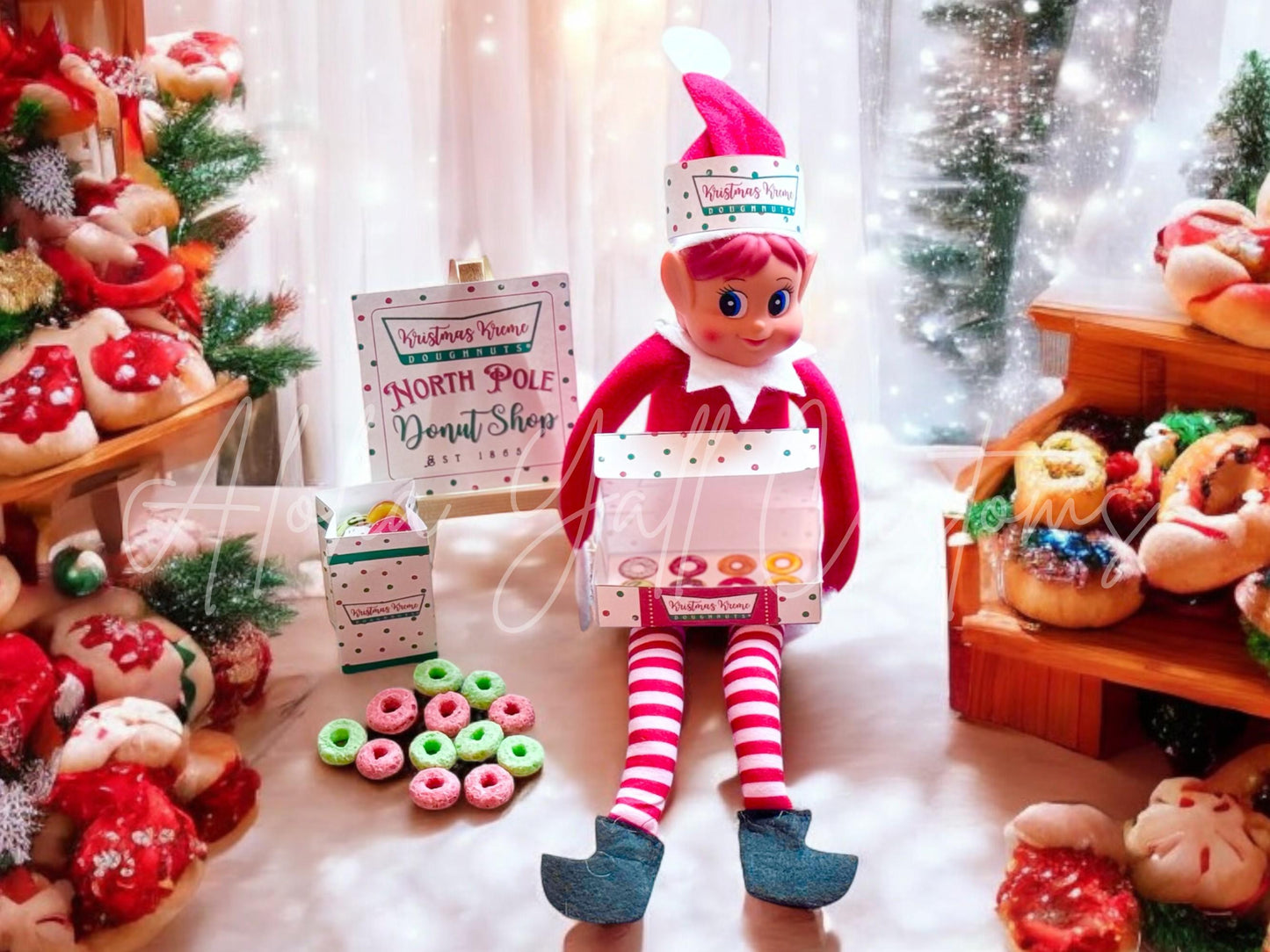 Elf-sized donut shop printable props with mini donut box, bag, hat, and sign templates. Christmas elf scene DIY PDF for kids and families.